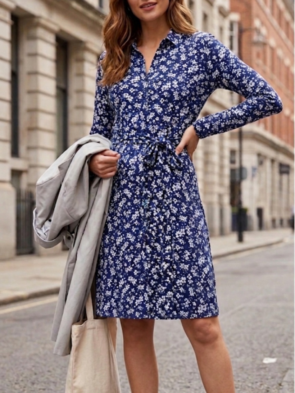 Lularoe Blue White Floral Stretch Button Front Long Sleeve Shirt Dress Size XS